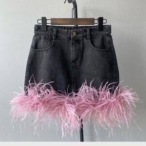 Black Denim Skirt with Pink Ostrich Feather Trim - NWT